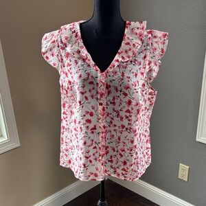 CAbi Semi-sheer White Top with Pink Floral Print and Ruffle Cap Sleeves